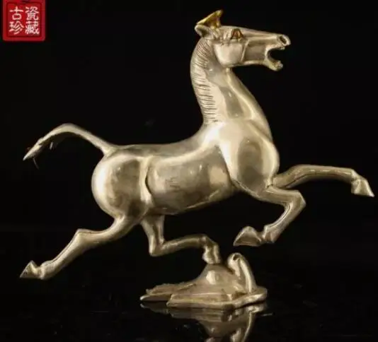 

7.8" Exquisite Chinese old antique bronze gilt Horse swallow statue 36356