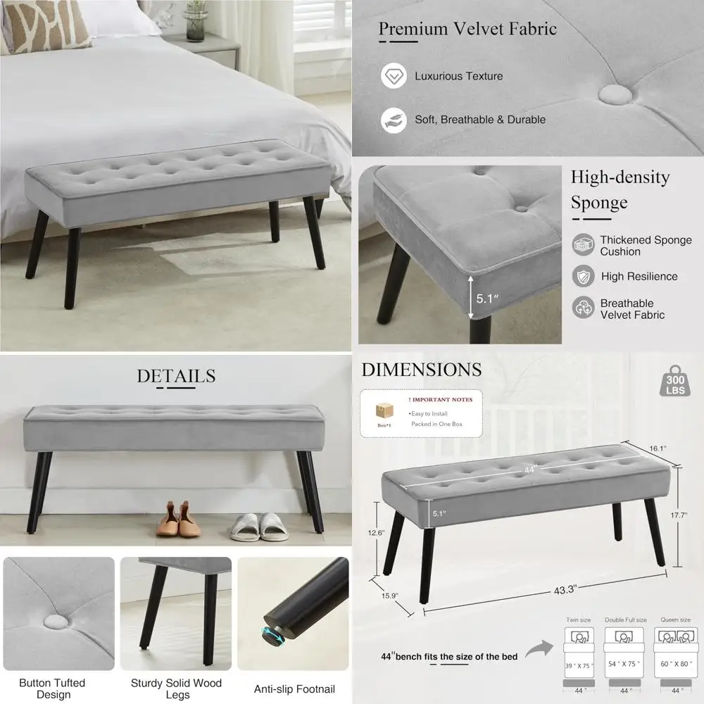 

Modern Velvet Upholstered Button Tufted Entryway Bench with Solid Wood Legs, Comfortable End of Bed Ottoman, Contemporary Bedroo