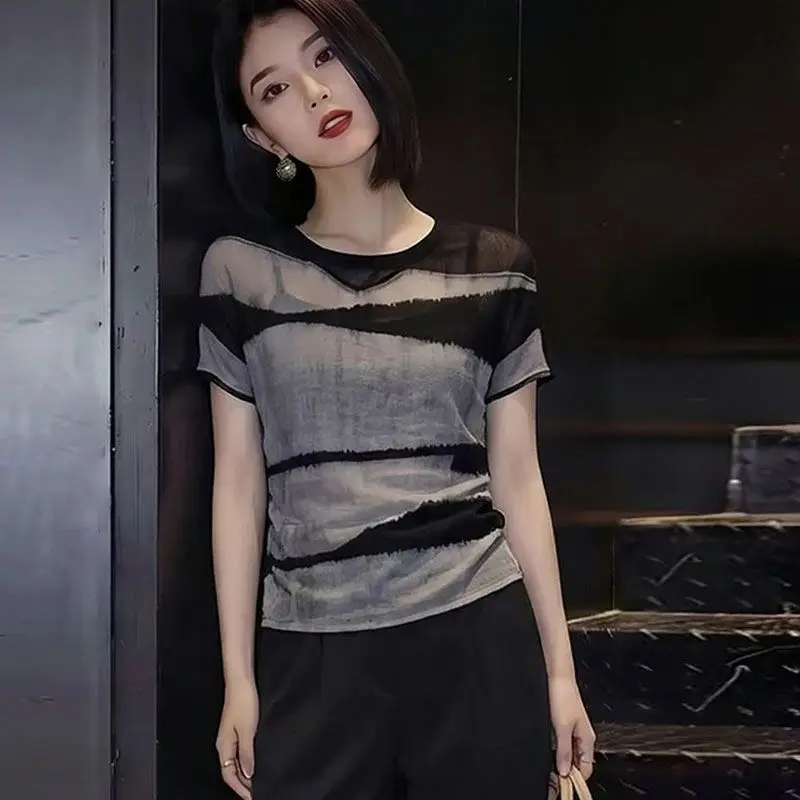 Women Fashion Irregular Stripe Mesh Short Sleeve T Shirt Summer Slim Ruched Crew Neck Casual Daily Blouse