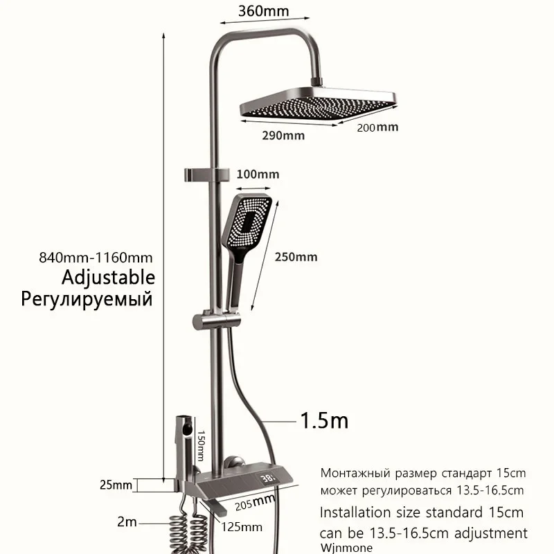 Draaibare Nozzle Bad Douchekraan Set Badkamer Messing LED-Display Douchesysteem 4Way Neerslag Warm en Koud Mixer Kraandoucheket Zwart Grijs Wit Douche kit voor Badkamer