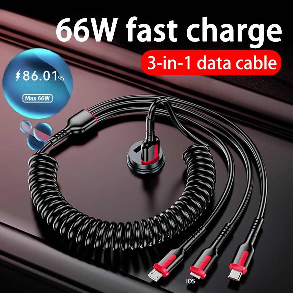 Multifunctional 3-in-1 Fast Charging Data Cable Suitable for IOS Android Data Cable USB Spring Expansion Cable