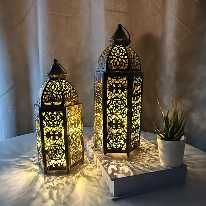 1pc Hollow Wind Lamp Vintage Moroccan LED Night Light Lantern for Middle East Eid Mubarak Ramadan Kareem Party Table Decoration