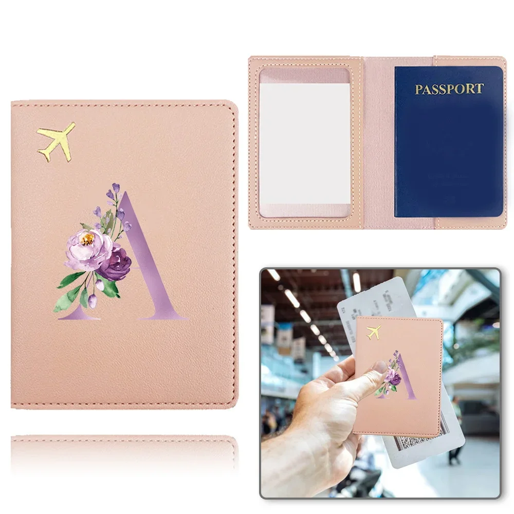 Passport Cover PU Passport Sleeve Holder Bank Business Name Card Organizer Case RFID Blocking Pocket Purse Purple Letter Pattern