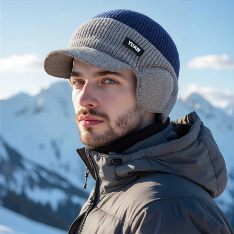 Winter men's thick woolen hat with added fleece to keep warm, windproof and knitted hat for cycling
