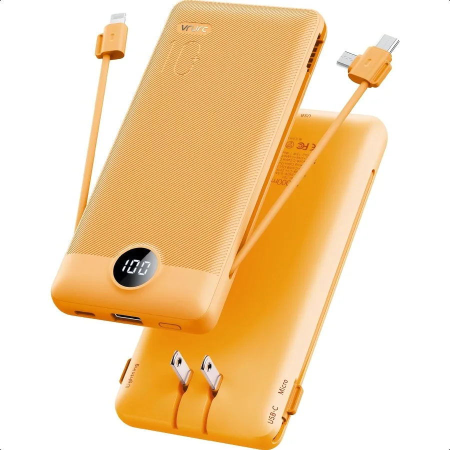 

VRURC Portable Charger Builtin Cables and AC Wall Plug USB C Power Bank 10000mAh Travel Battery Phone Charger Compact Lightweig
