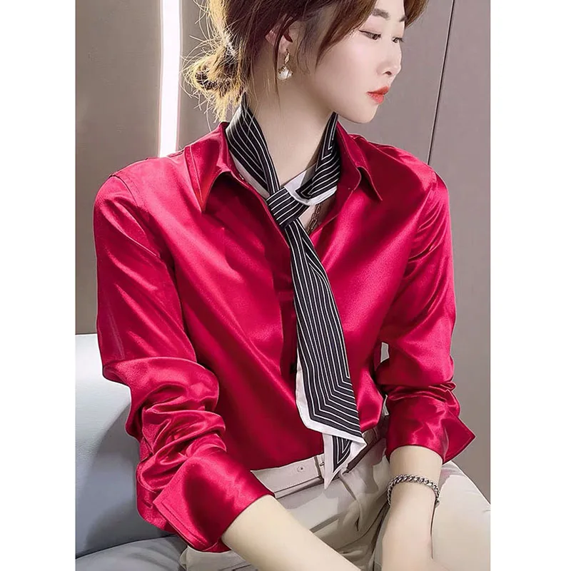 High Quality Luxury Office Lady Shirt Elegant Button Up Imitation Silk Satin Blouse Women Korean Long Sleeve Business Shirts