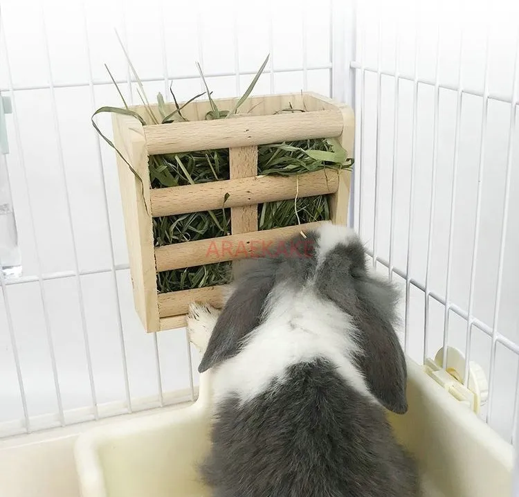 Rabbit grass frame wooden food box, 2-in-1 anti waste food bowl feeder, dragon cat food trough, hamster food box supplies view 2