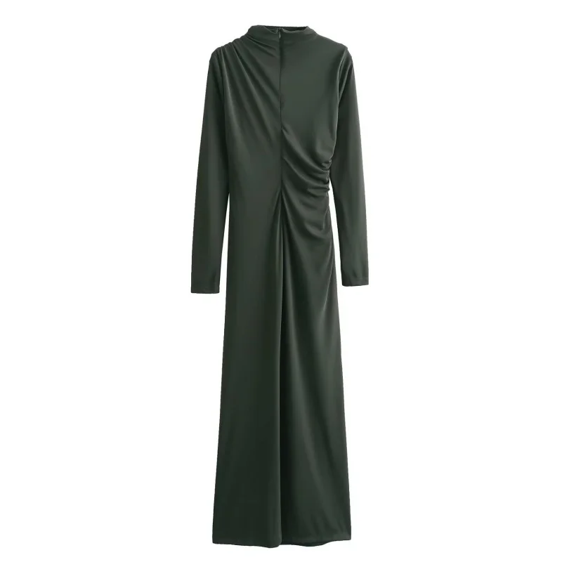 الخريف الوقوف طوق كم طويل مطوي سليم فساتين طويلة النساء تنوعا فستان الحفلات الإناث عادية شاطئ عطلة ارتداء 2025 جديد