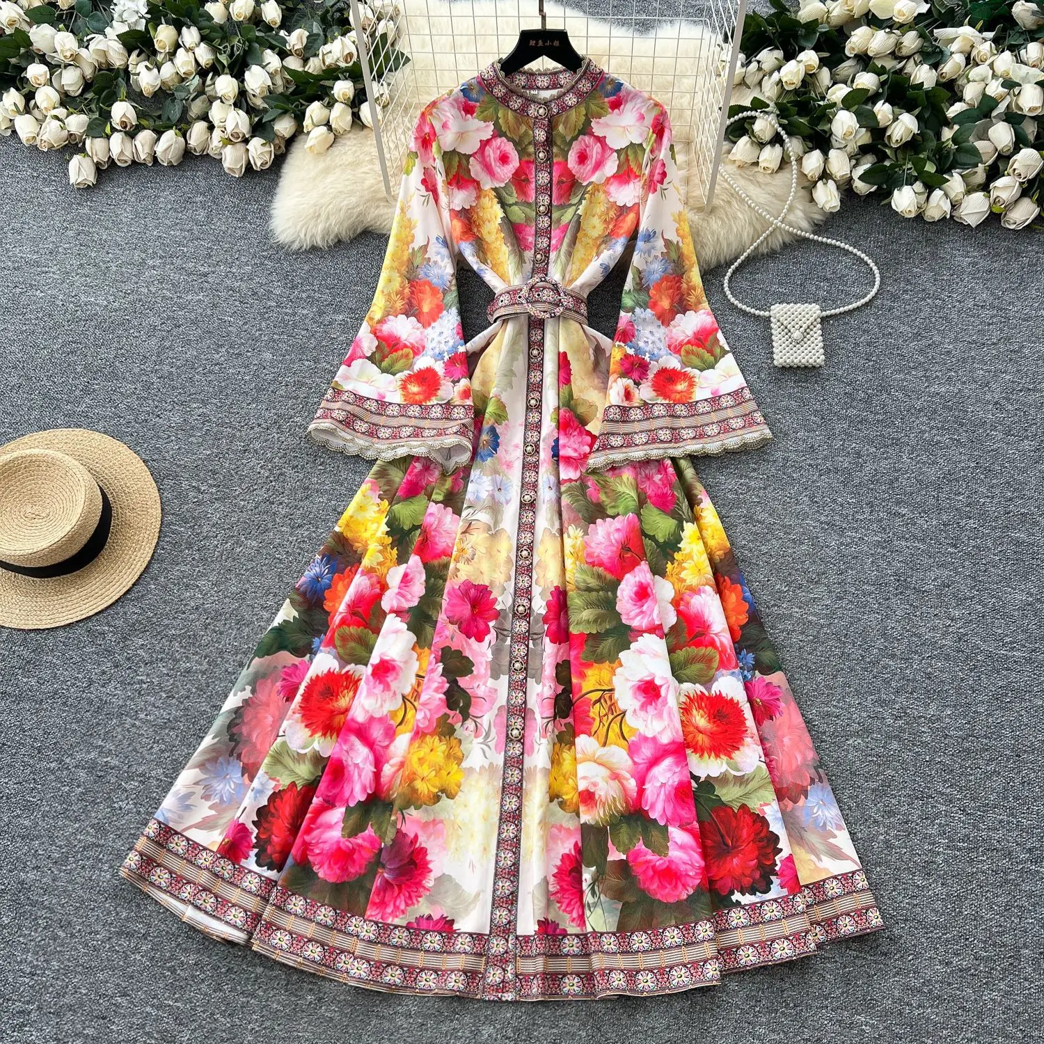 

Women Print Dresses Flare Sleeve Single Breasted Long Dress Belt Round Neck Vintage Y2k Streetwear Vestidos A Line Maxi Beach
