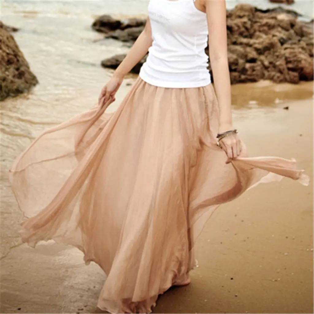 

Bohemian Gold Silk Chiffon Large Swing Skirt 8m Dance Beach Dress Women's Fashionable Half Skirt