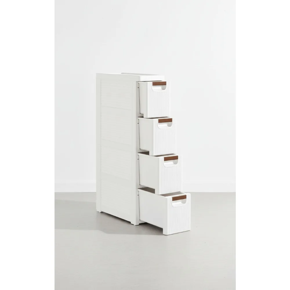 

Тонкий шкаф для хранения на колесиках с 4 ящиками, мобильная пластиковая тележка-органайзер с колесами для небольших помещений, белый