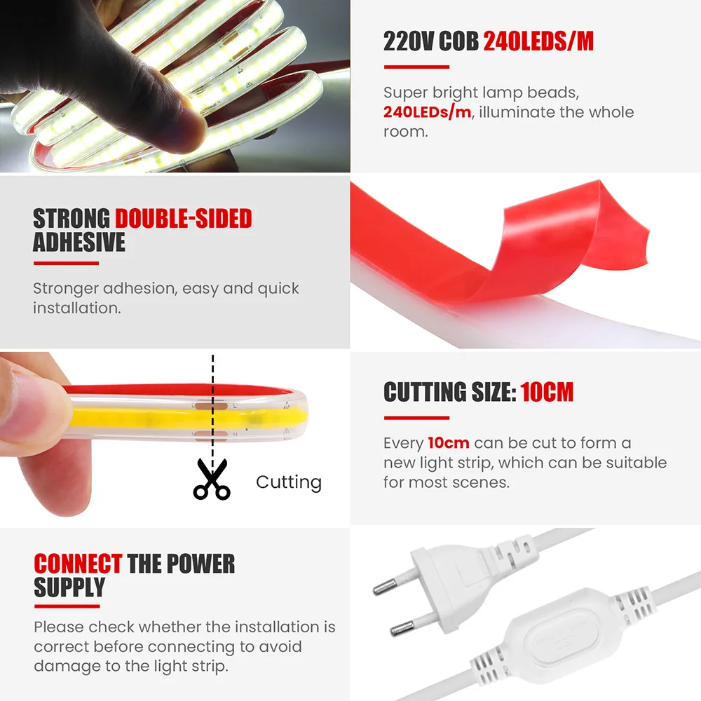 Dimmable COB LED Strip Light 220V Dimmer Switch Power Kit 5m 10m 20m 50m 100m 0.5m 240LED/m Flex Adhesive Tape RA90 Led Lighting