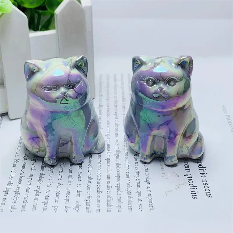 

2PCS Natural Aura Howlite Cartoon Cat Hand Made Carved Cute Animal Craft Home Decoration Ornament