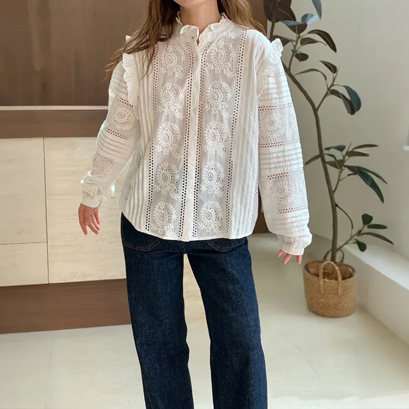 

【Gift Free】Romantic Floral Embroidered Blouse for Women, Ruffled Pleated Design, Elegant Statement Top with Frilled Stand Collar