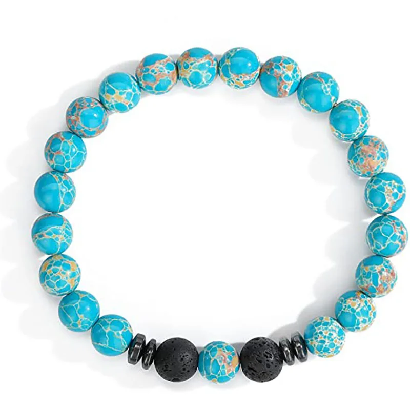 

Earth-like Blue Beads Bracelet Cool Elastic Wrist Bangle 1 Pcs Turquoise and Volcanic Energy Stone Yoga Couple Accessory