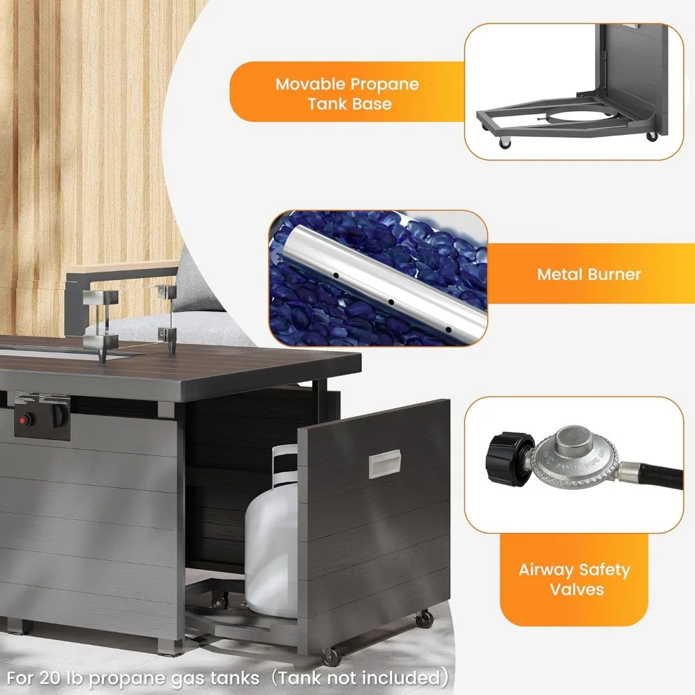 Sundale 50 Inch Outdoor Fire Pit Table, 50,000BTU Rectangle Propane Fire Pit with Glass Wind Guard, Rain Cover, Removable