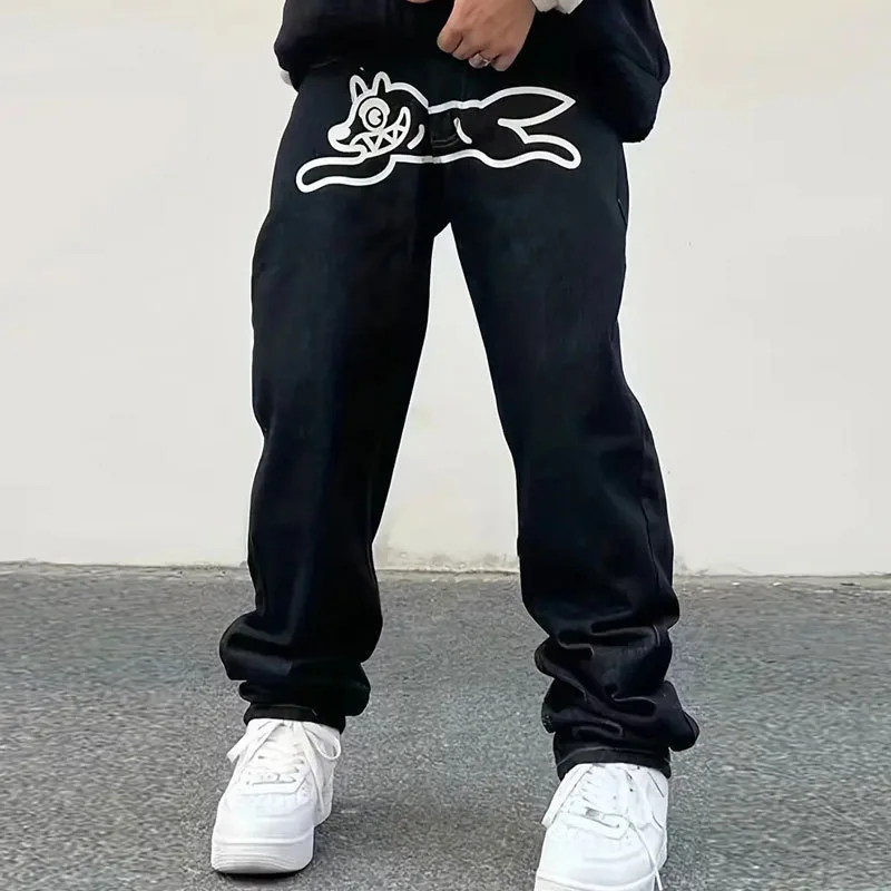 

Trendy Streetwear Men's Jeans Printed Loose Fit Straight Leg Casual Trousers Spring Autumn Fashionable Dog Print Casual Pants