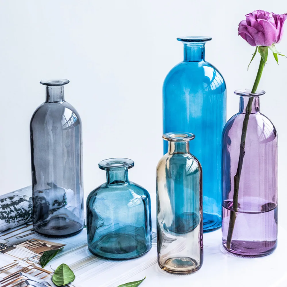 Nordic New Colored Glass Vase Transparent Small Mouth Flower Ornaments Hydroponic Living Room Ornaments Crafts