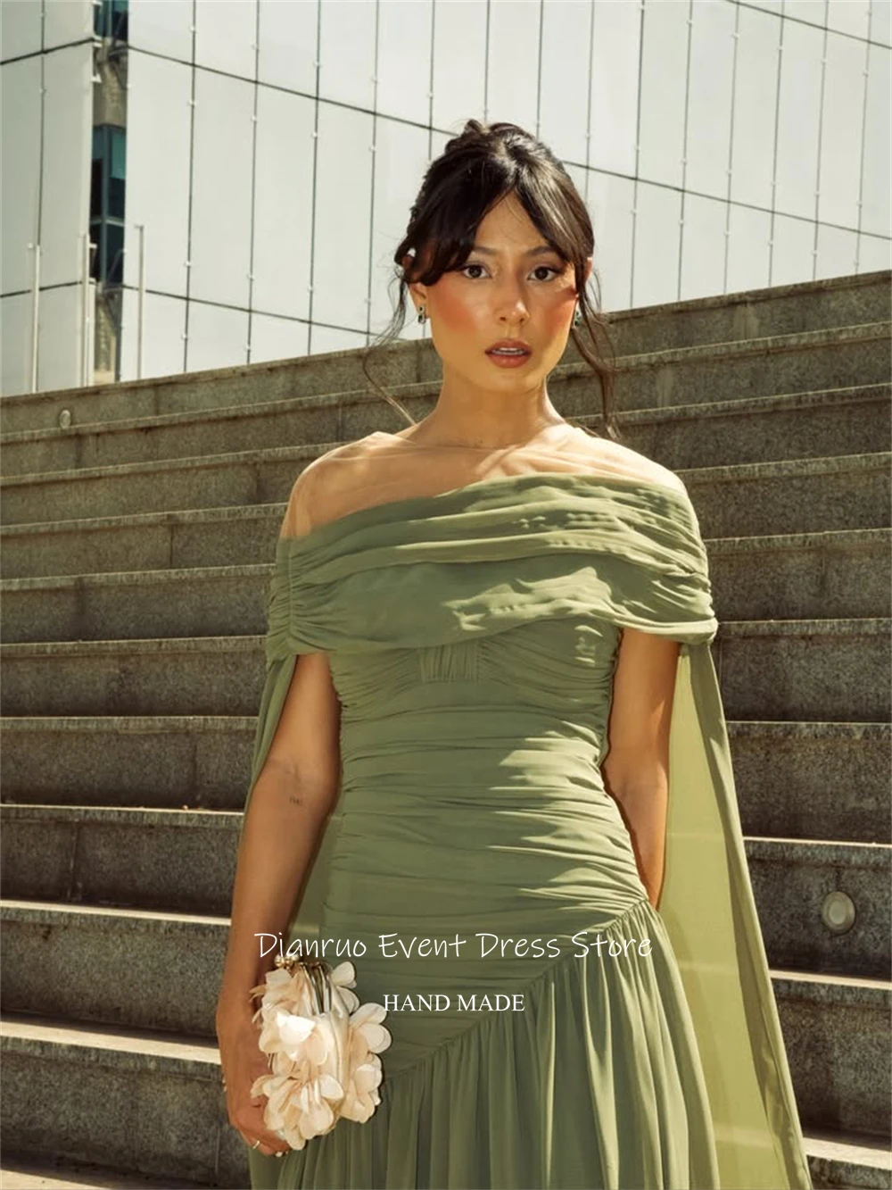 Dianruo-vestido De noche con abertura lateral, color verde oliva, línea A, Vestidos fluidos De fiesta con hombros descubiertos, Vestidos De gasa De Gala personalizados