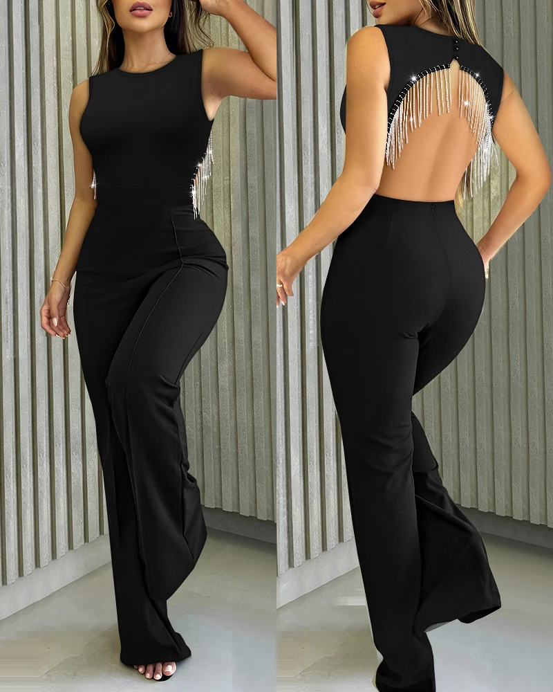 Large backless fringe diamond stripe sleeveless jumpsuit