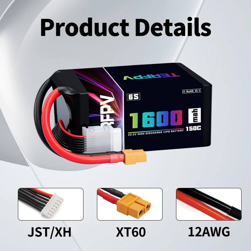 2PCS TERFPV Lipo Battery 6S 22.2V 1600mAh 150C/300C with XT60 Plug for FPV Drone Quadcopter Helicopter Aircraft RC Models Parts
