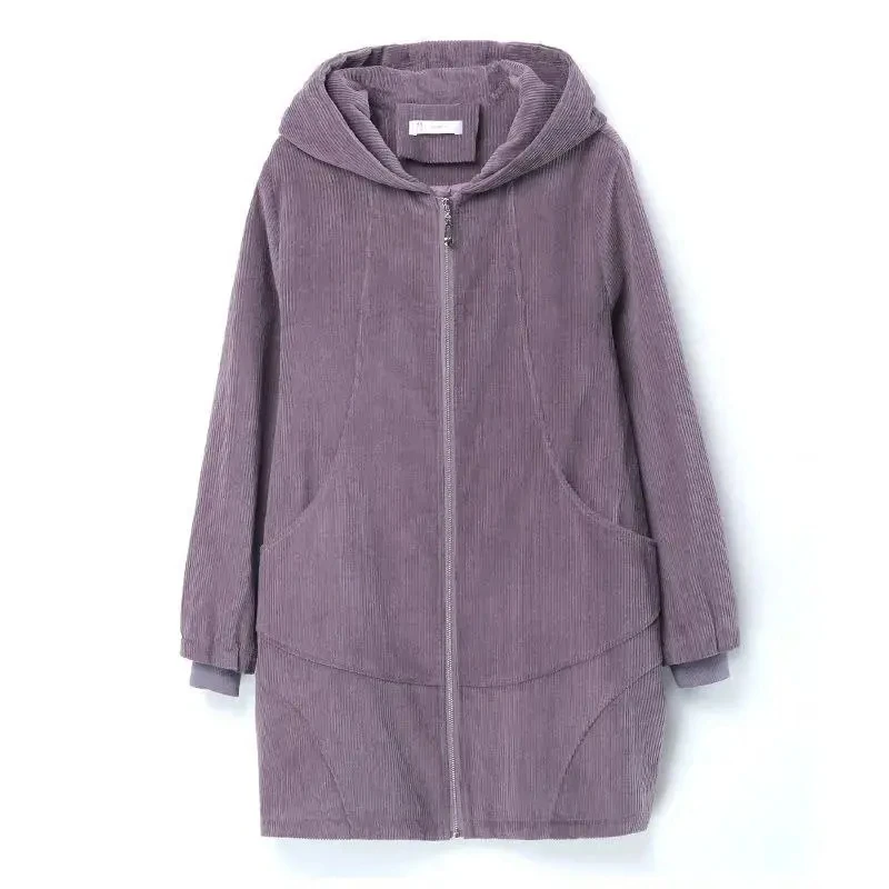 Spring Autumn 2023 New Thin Corduroy Coat 5XL Women\'s Medium long Hooded Jacket Loose Casual Female Zipper Windbreaker Overcoat