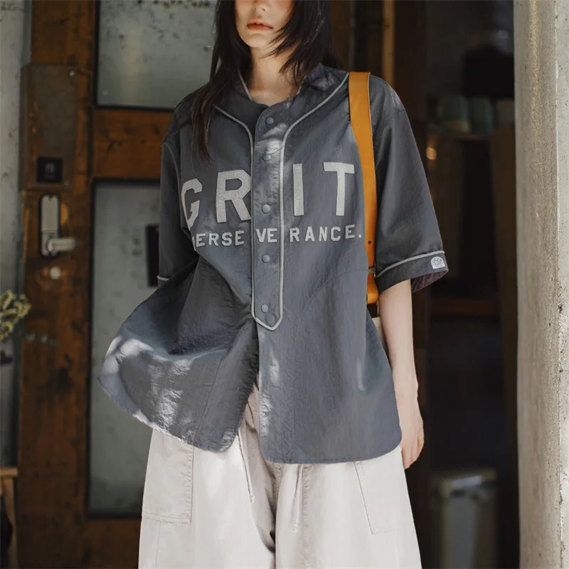 Maden Women's Summer Casual Letter Short Sleeve Baseball Shirt Lightweight Grey Color-Block Shirt Loos