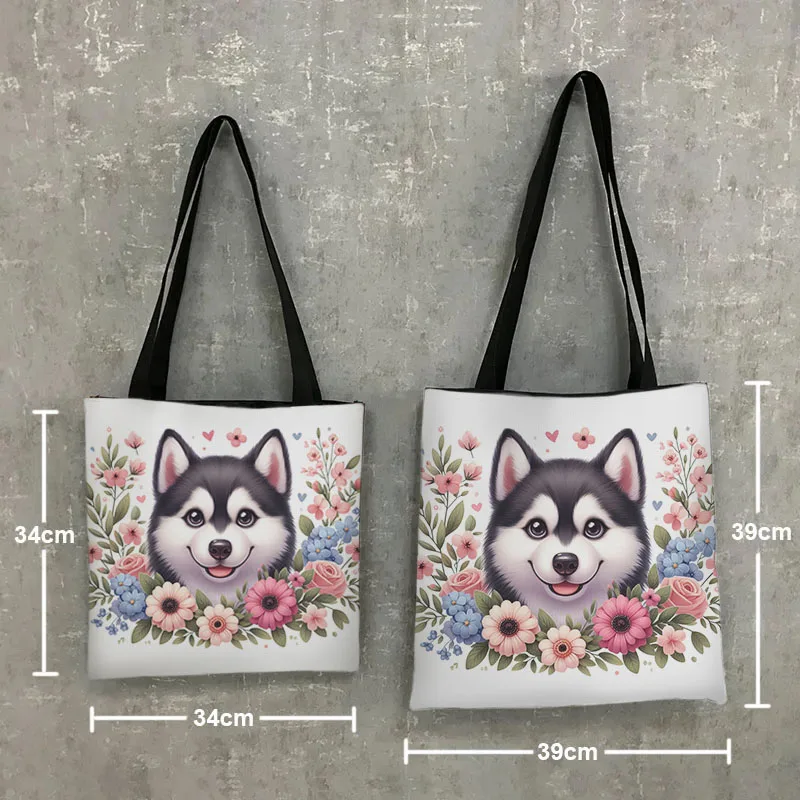 Flowers Puppy Dog Print Shopping Bags Cute Husky Chihuahua Pomeranian Women Handbag Totes Bag Animals Storage Bags Shopper Bag