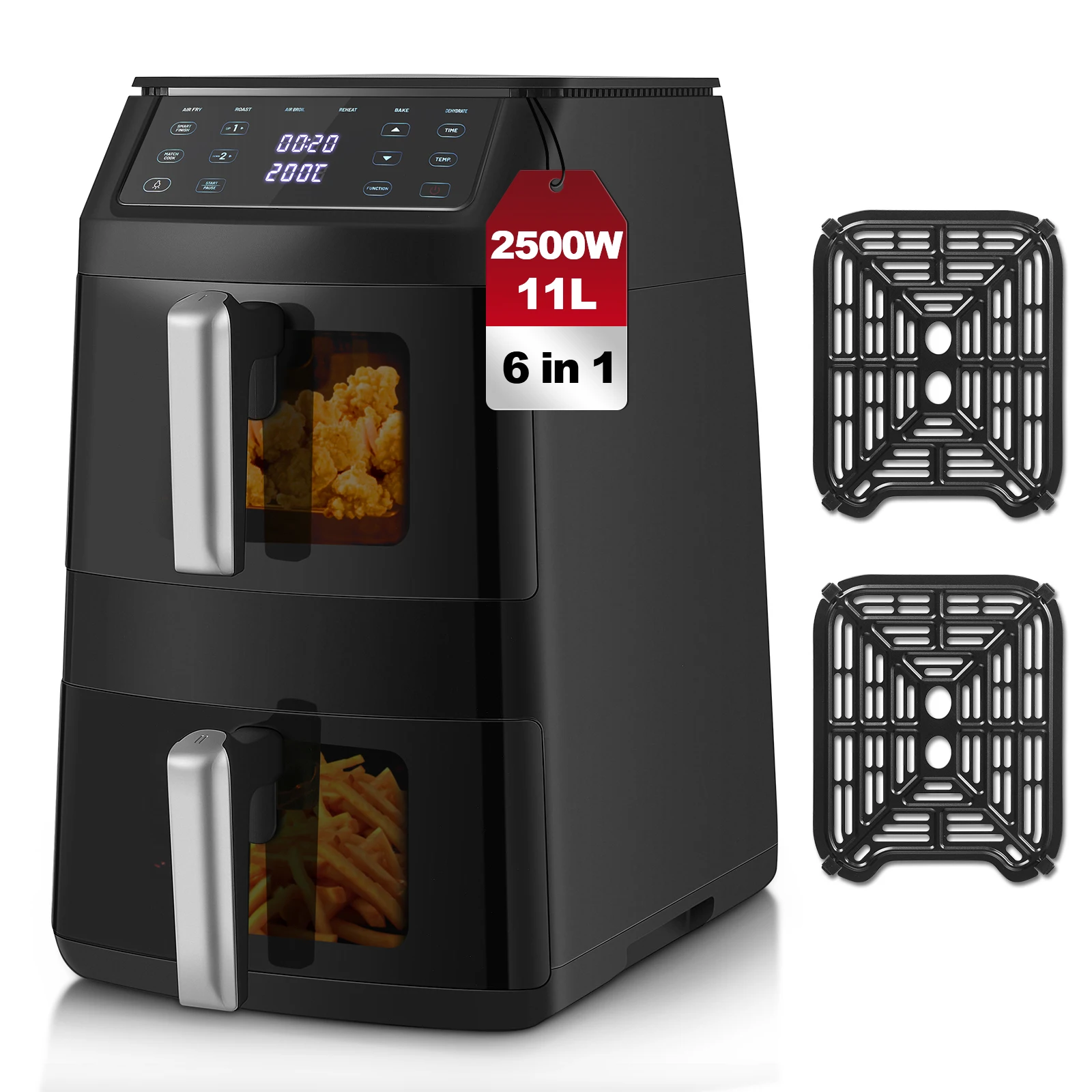 TopStrong 11L Dual-Korb-Heißluftfritteuse, 2500W, 8 Voreinstellungen, 6-in-1-Funktionen, Unabhängige Dual-Zonen-Garung, Platzsparendes Design
