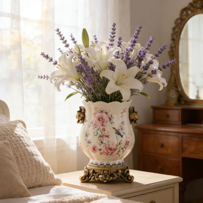 High-end ceramic vase, European retro light luxury style, suitable for the living room, with a sense of sophistication, new Chin