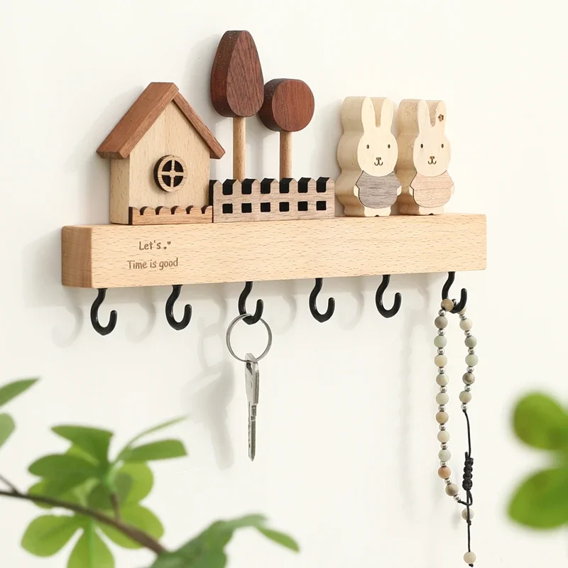 

Cute Pillow Solid Wood Key Handbag Decorative Hooks Nordic Entry Clothes Caps Ins Wall Hanging Storage Rack Cute Room Decor