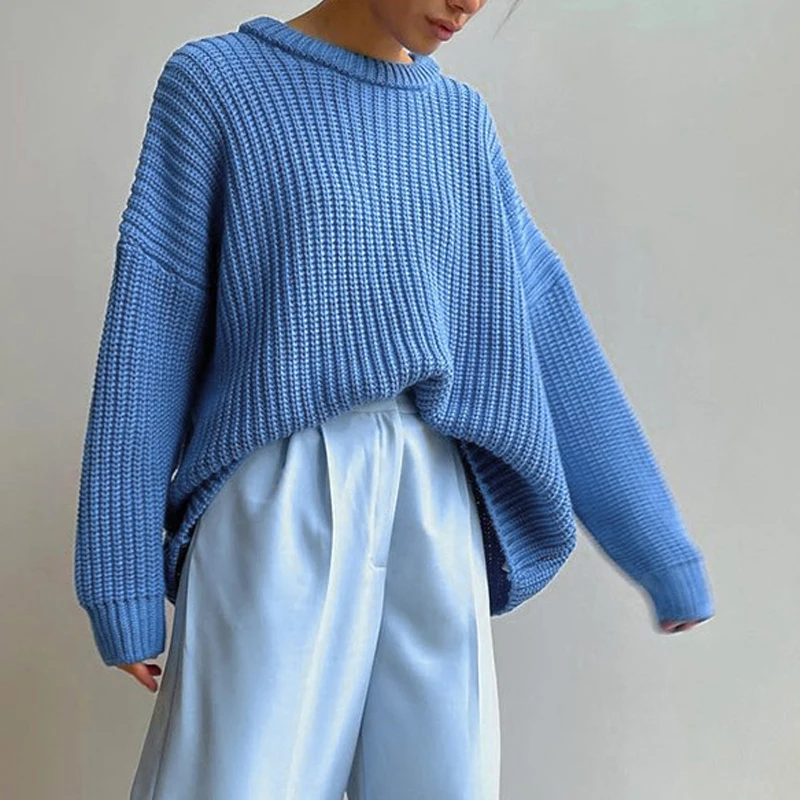 2022 Autumn Long Sleeve O-Neck Knitted Pullovers Good Quality Loose Style Women Blue Green Color Sweater Tops