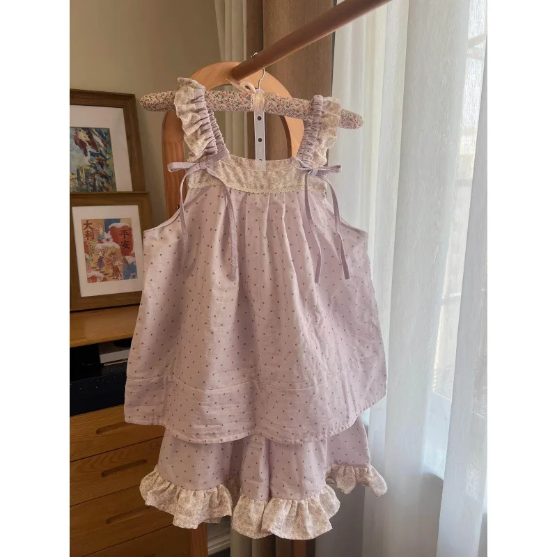 

Foreign Purple Polka Dot Lace Suspender Pajamas Women's Summer Ruffle Edge Shorts Loungewear Set Can Go Out 2026