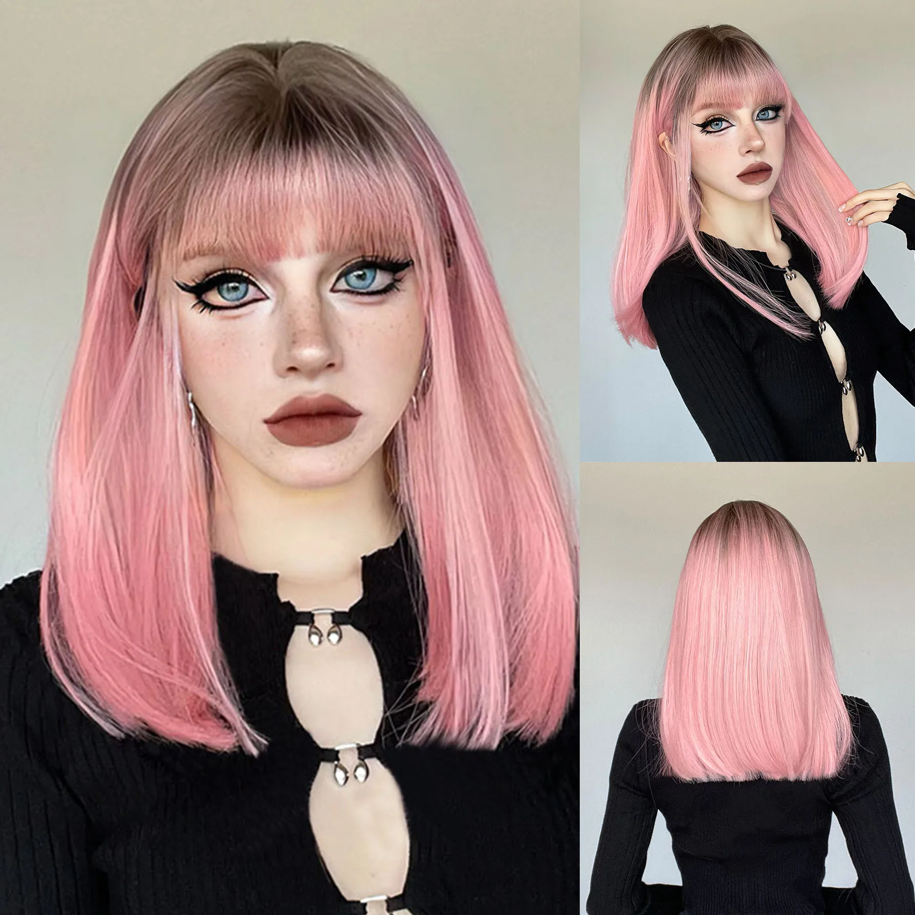 

Short hair with bangs gradual change top of the head dyed bobo head daily headgear wig