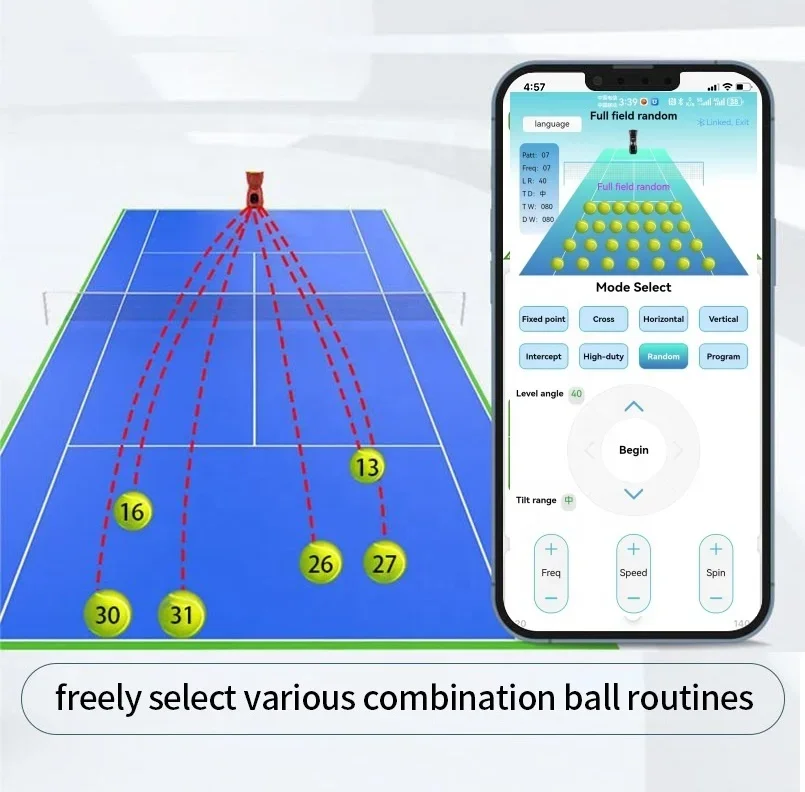 Customs tennis ball practice feeding machine auto portable step training practitioner tennis ball machine with app