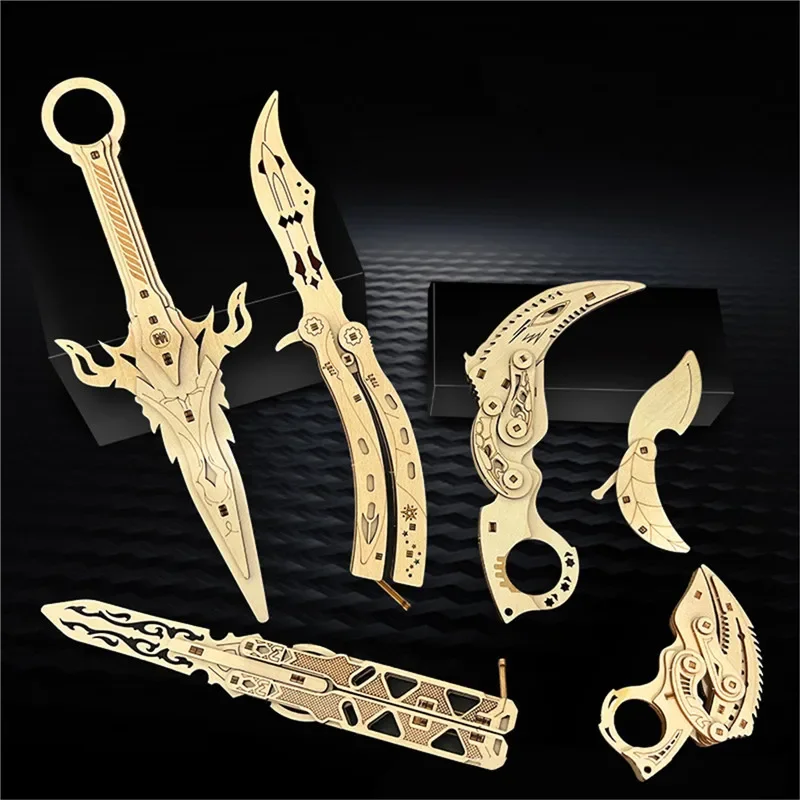 3D Puzzles Wood Toy Fake Knife CSGO Gun Folding Claw Knives 10 Kinds Hand-assembled Model Kit Gift for Adults Teens DIY Gifts