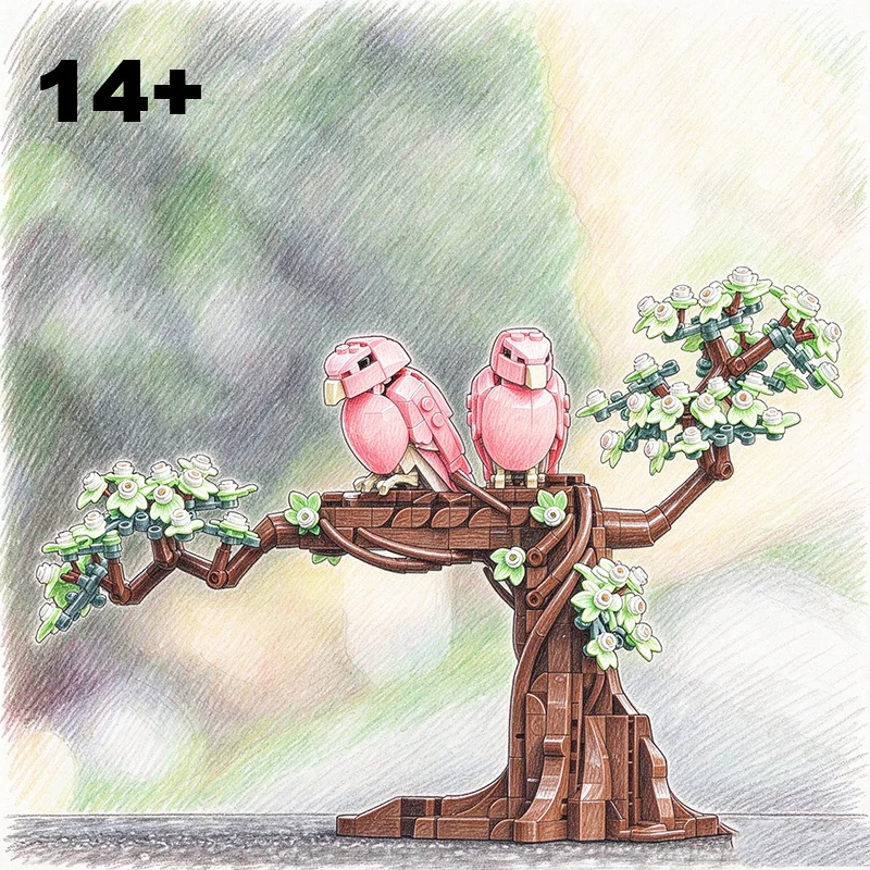 750PCS Creative Romantic Love Birds Model Building Blocks Pink Birds on a Blossoming Tree Bricks Toy Gift for Valentine’s Day