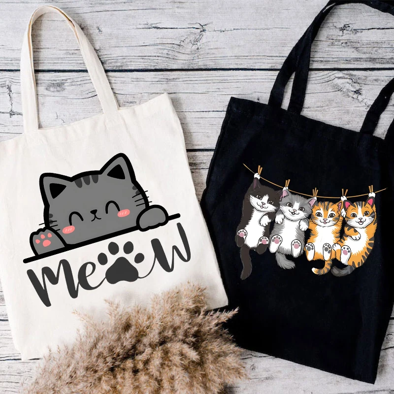 

Anime Cat Graphic Women Canvas Shoulder Tote Bag Cartoon Animal Kitten Lover Funny Shopping Bag Women Students Reusable Handbags