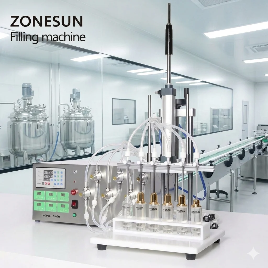 ZONESUN ZS-MP5500D Semi-Auto 6 Nozzles Liquid Filling Machine Stainless Steel Magnetic Pump Diving Equipment for Perfume Oil