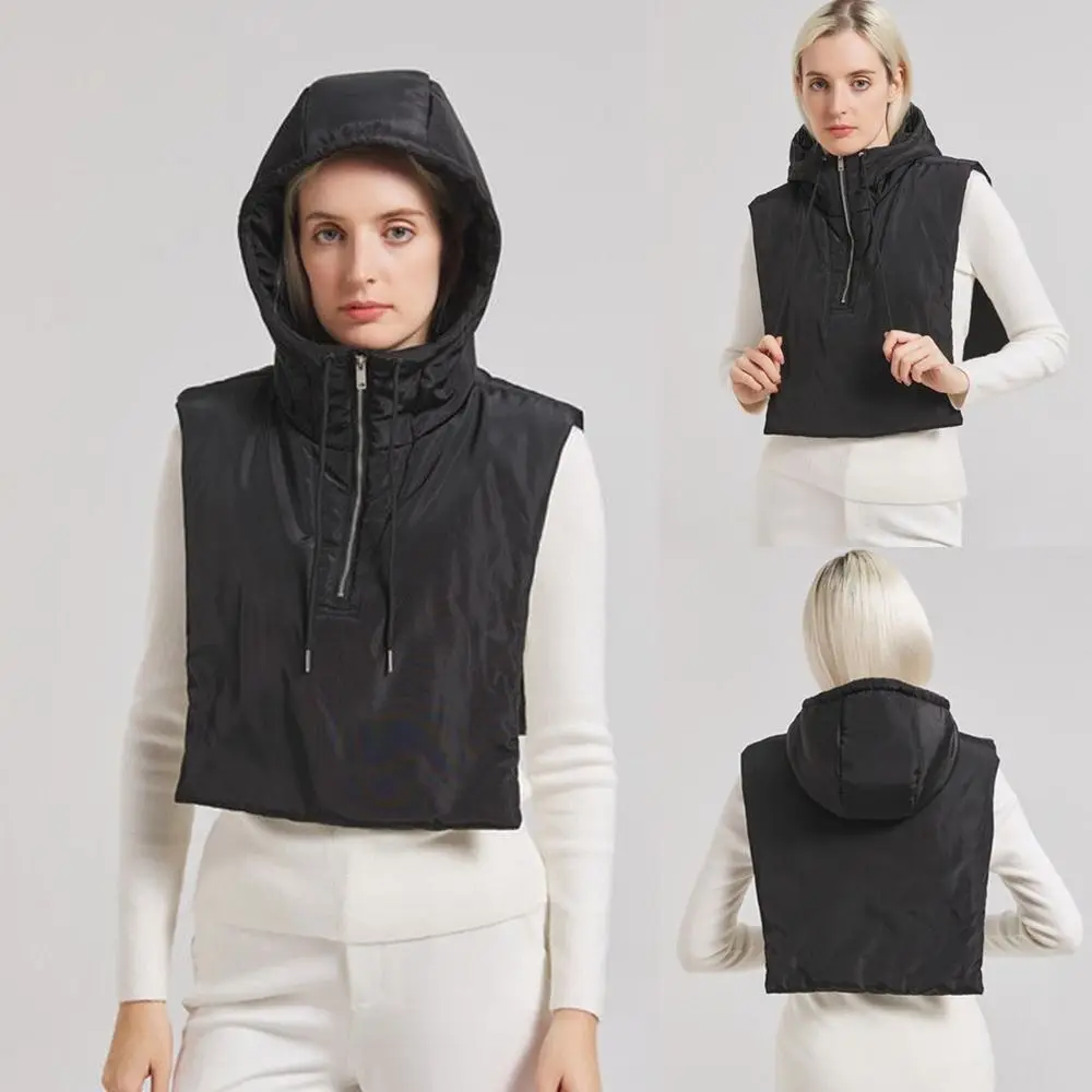 Cotton Thickened Fake Collar Hooded Hat Ultralight Drawstring Scarf Balaclava Hat Zipper Design Coat Short Tank Top
