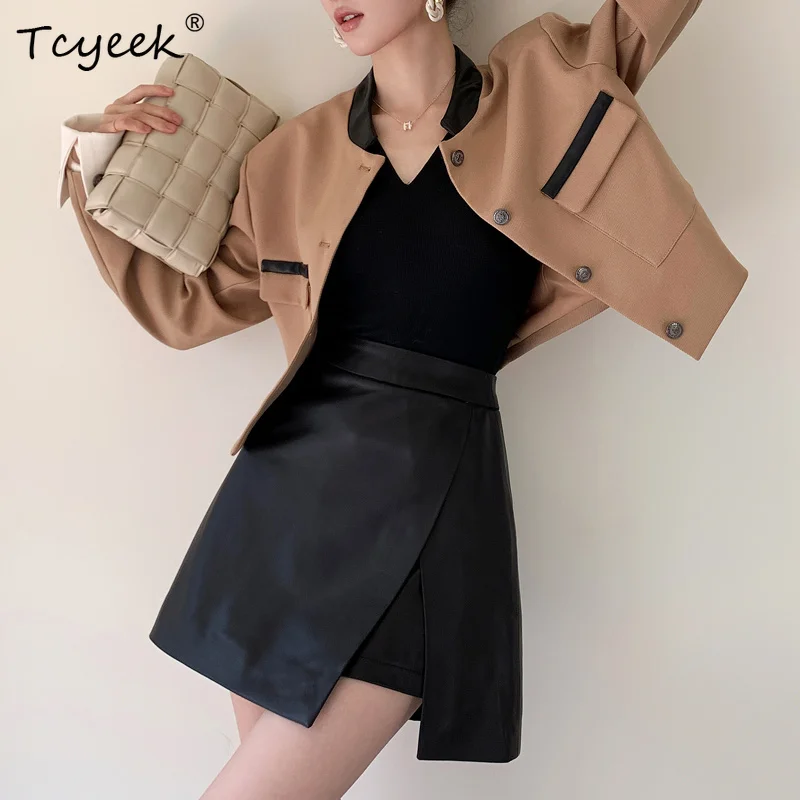 

Advanced Genuine Leather Skirt for Women 2023 Autumn New High Waist Solid Irregular Casual Simple Slim Sheepskin Mini Skirts