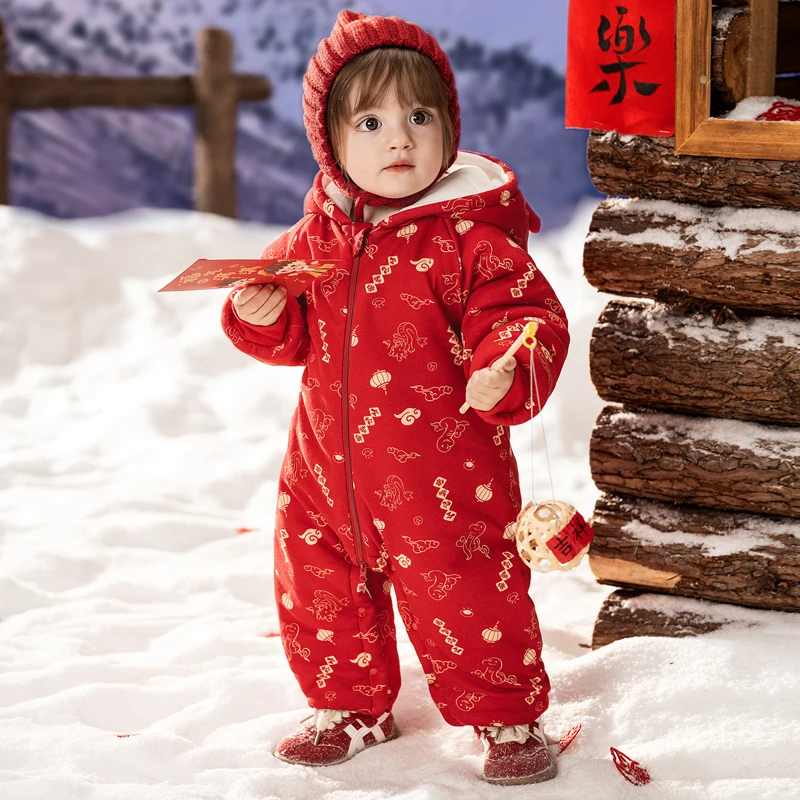 

OUYUN Baby Winter Padded Romper Cotton Hooded Warm New Year Jumpsuit 3-18 Months