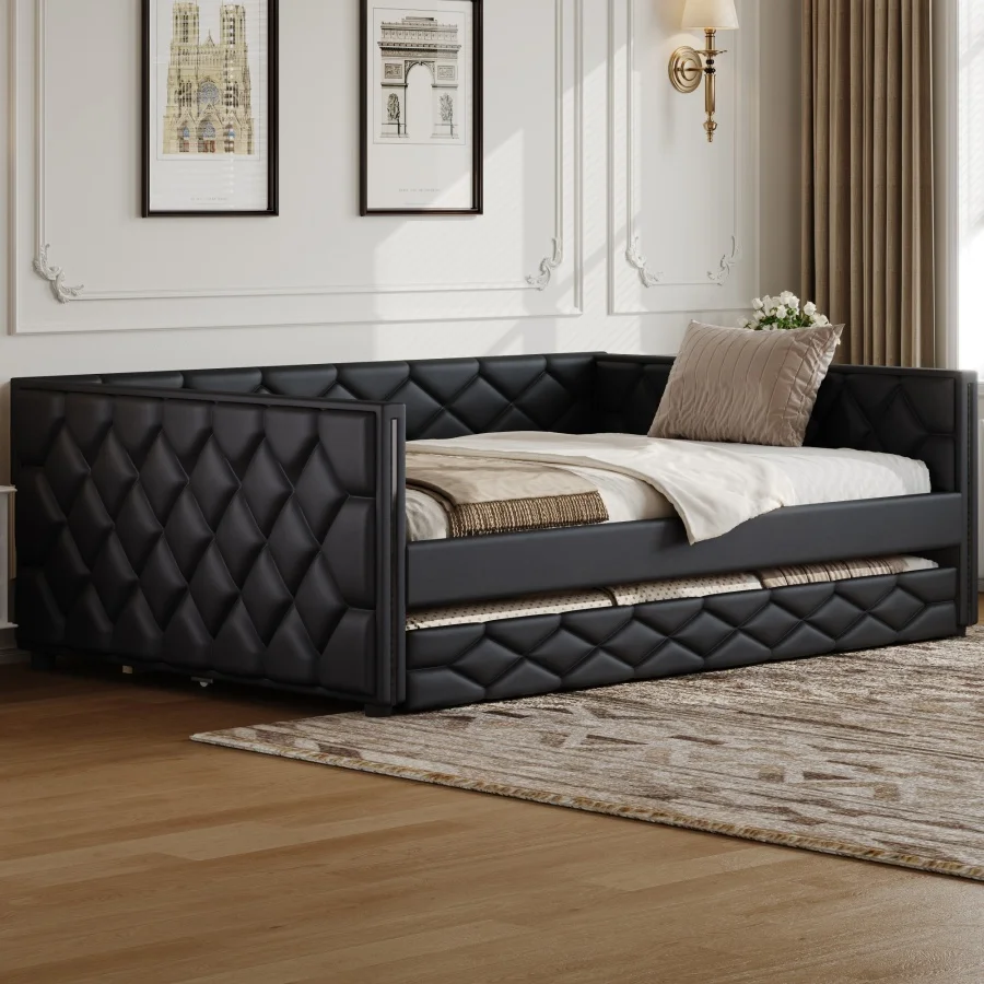 Full XL Size Upholstered Daybed with Trundle and LED, Black Easy Assembly
