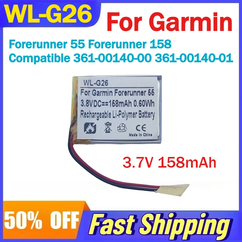 

3.7V 158mAh WL-G26 Watch Li-Polymer Battery for Garmin Forerunner 55 158 Compatible 361-00140-00 361-00140-01 Batteries