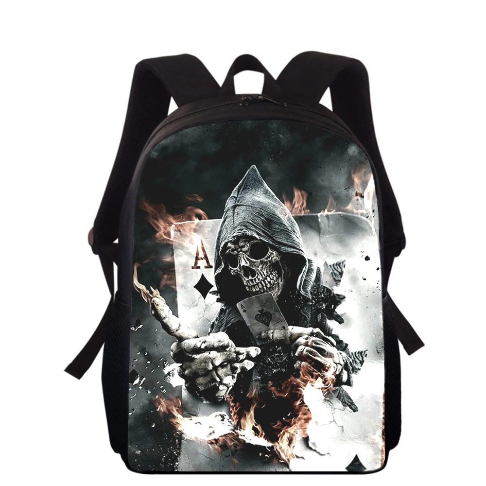 Sacos de escola primária 3D Print para meninos e meninas, mochila esqueleto Grim Reaper, estudantes sacos de livros, 16"