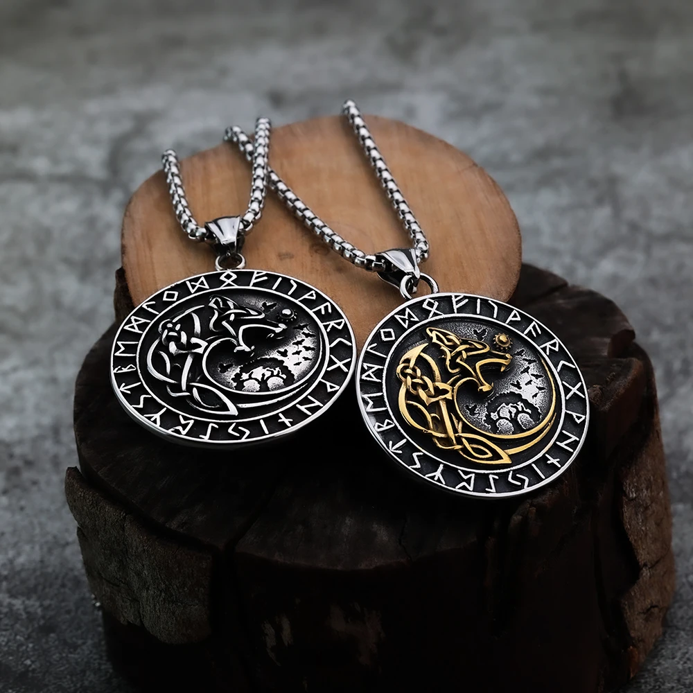 European and American Style Viking Wolf Rune Fashion Hungry Wolf Legend Men's Pendant Necklace Stainless Steel Jewelry