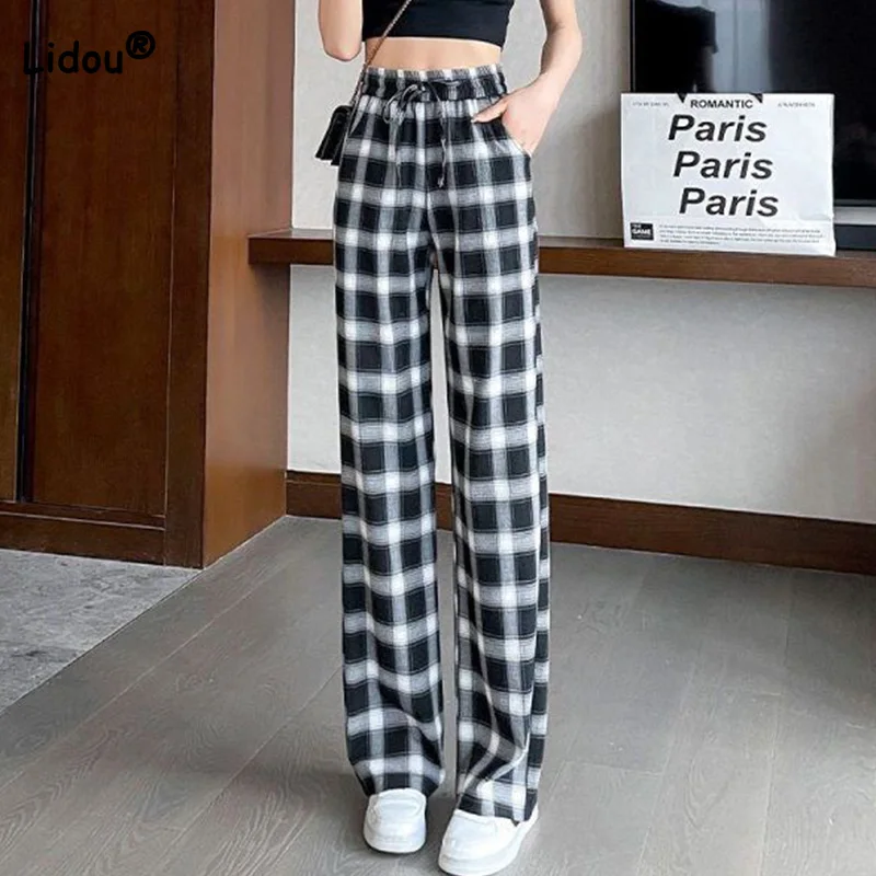 

Summer 2023 New Korean High Waist Straight Trousers Women Ice Silk Drawstring Patchwork Pockets Plaid Printing Wide Legged Pants