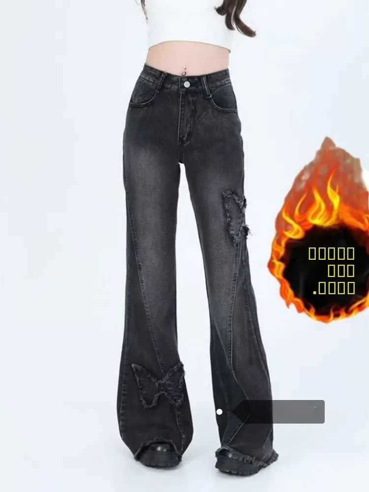 

Ретро американские потертые джинсовые брюки, женские зимние новые свободные тонкие прямые брюки длиной до пола