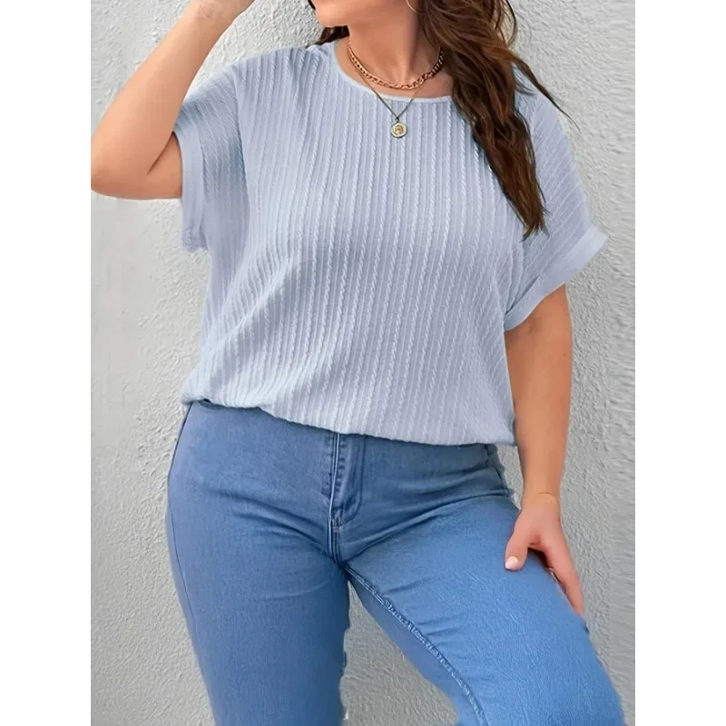 

Плюс размер 1XL-5XL, новая летняя женская модная однотонная повседневная универсальная футболка с круглым вырезом и короткими рукавами для поездок на работу