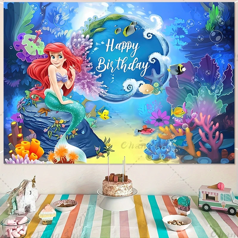 Disney Mermaid Ariel Princess Backdrop for Baby Girls First Birthday Party Decor Supplies Baby Shower Photography Background